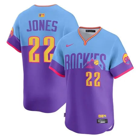 Men's Colorado Rockies #22 Nolan Jones
Purple/Light Blue 2025 City Connect Elite Player Jersey