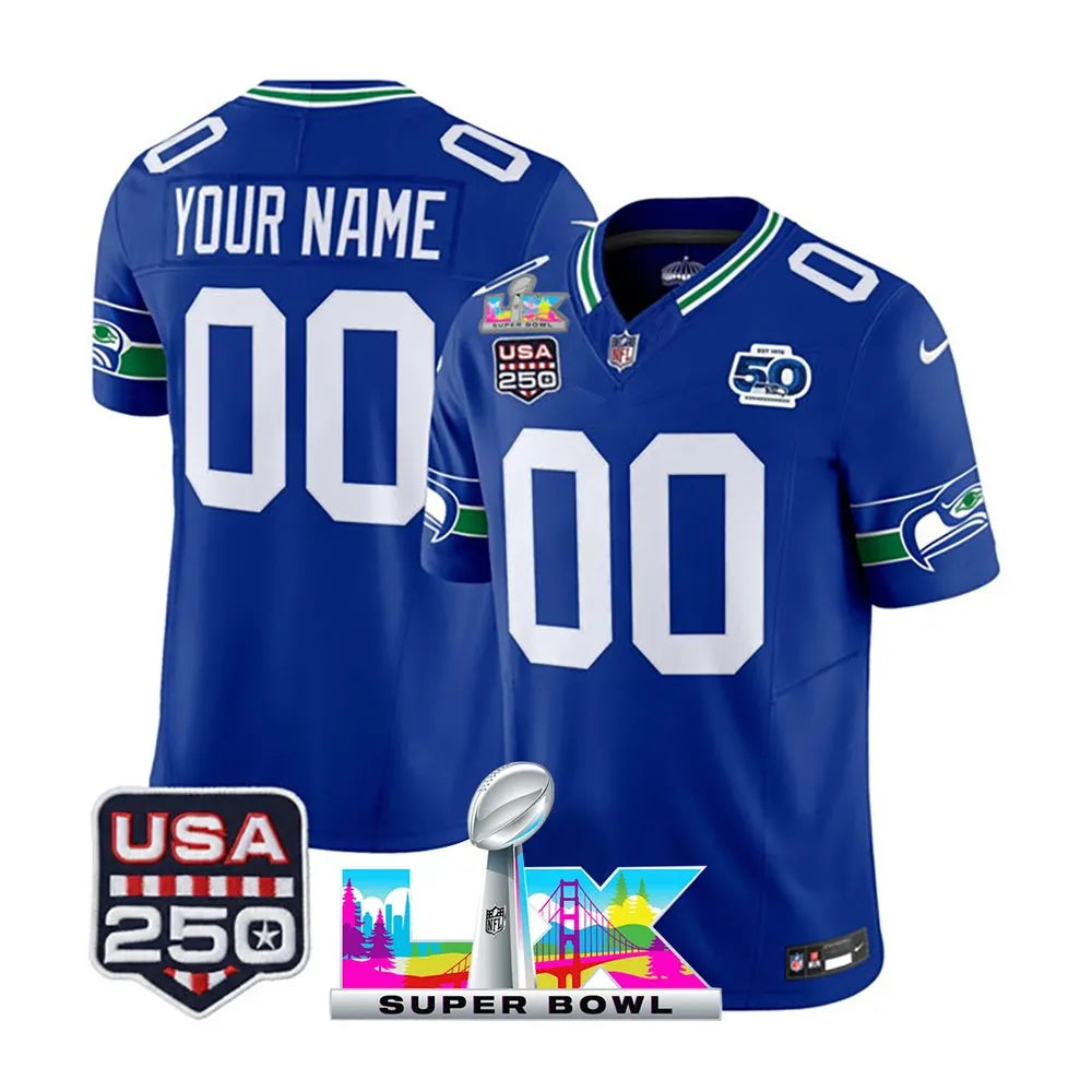Men's Seattle Seahawks Custom Royal Super Bowl LX Patch 50th Season & USA 250' Patch Vapor F.U.S.E. Limited Jersey (Royal)