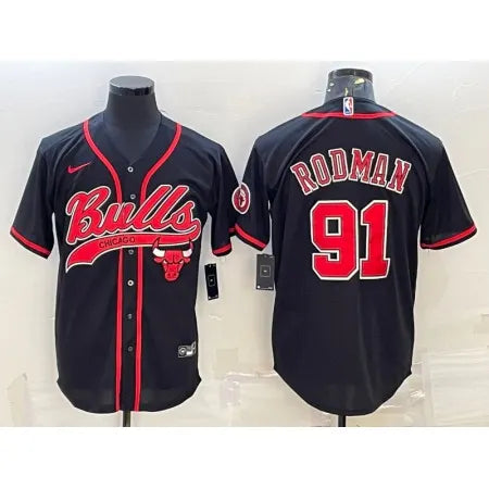 Men's Chicago Bulls #91 Dennis Rodman Black Cool Base Stitched Baseball Jersey PI03