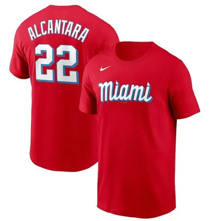 Men's Miami Marlins
#22 Sandy Alcantara Red 2021 City Connect Name & Number T-Shirt