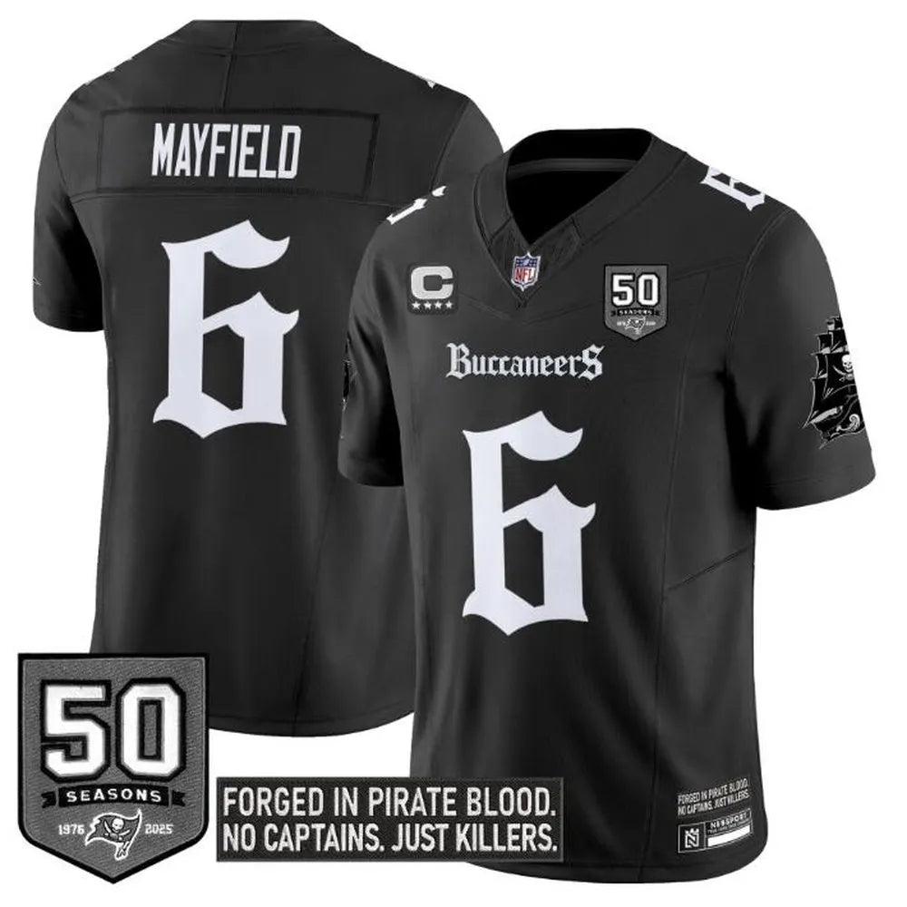 Men's Tampa Bay Buccaneers #6 Baker Mayfield Black F.U.S.E. 50th Season & 4-Star C Patch "Gothic Pirate Shadows Edition" Limited Stitched Football Jersey