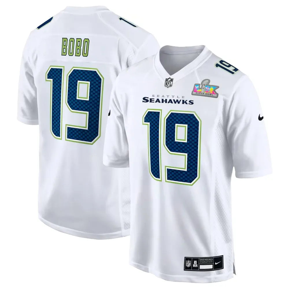 Men's Seattle Seahawks #19 Jake Bobo White Super Bowl LX Patch Tundra Fashion Game Jersey