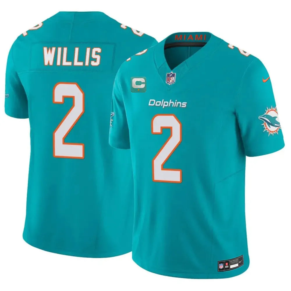 Men's Miami Dolphins #2 Malik Willis Aqua 2026 1-Star C Patch Vapor F.U.S.E. Limited Jersey