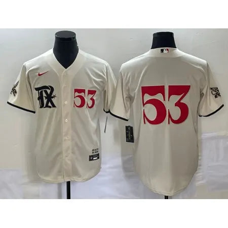 Men's Texas Rangers #53 Adolis Garcia Cream 2023 City Connect Cool Base With Patch Stitched Baseball
Jersey